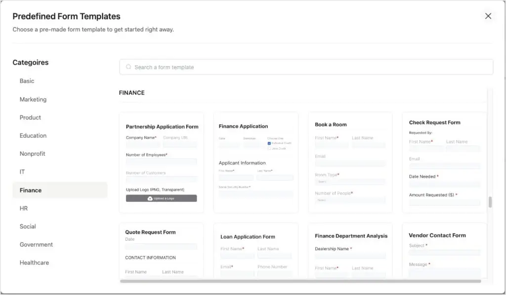 fluent forms new form templates