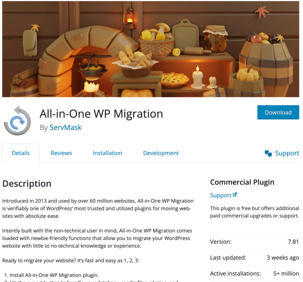 all in one wp migration banner on wp org