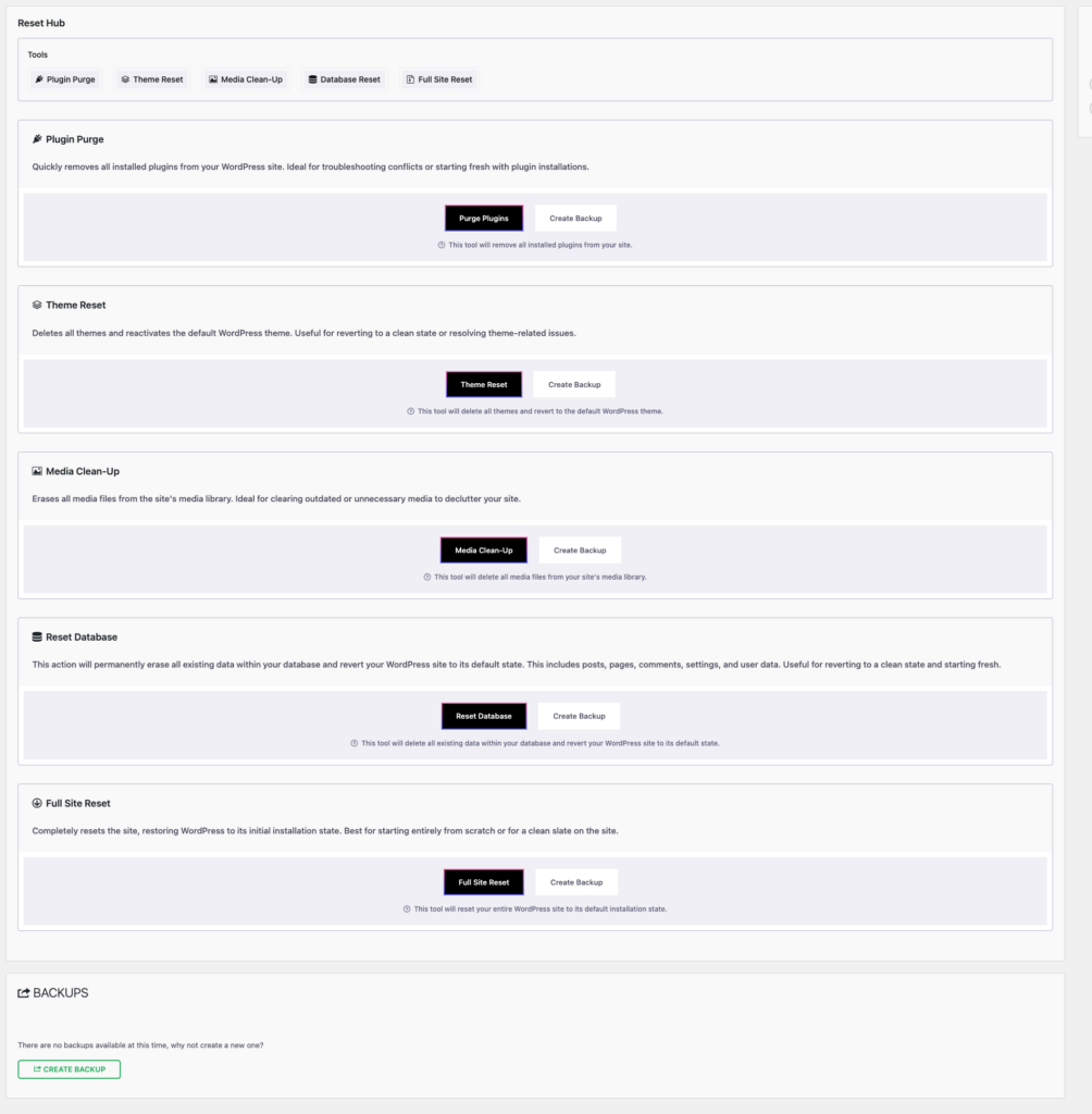 options in the reset hub