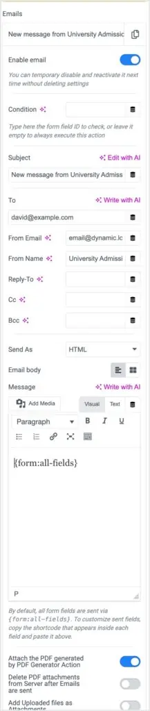 dynamic email settings