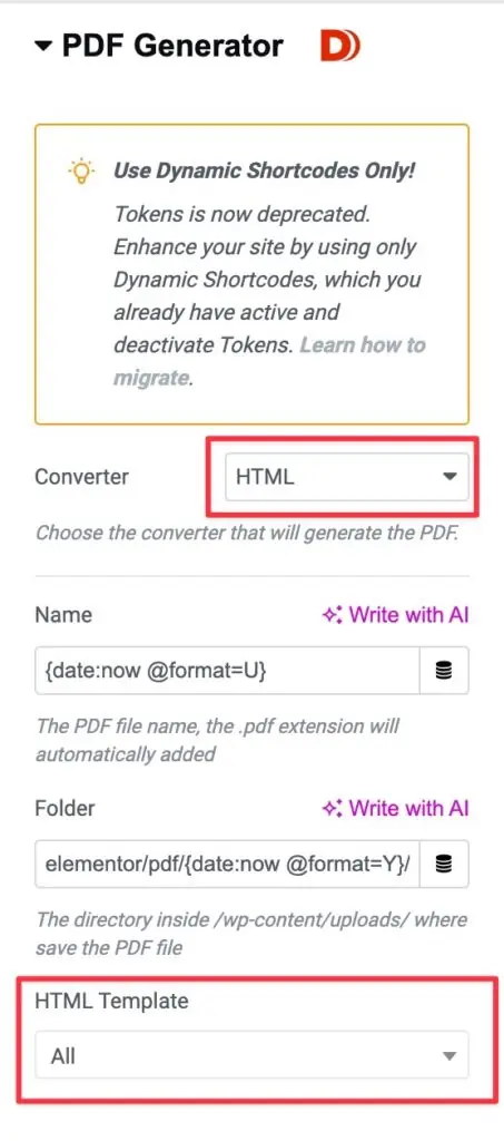 pdf generator settings