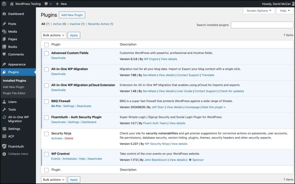 plugins installed on test website