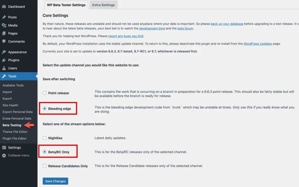 beta tester settings