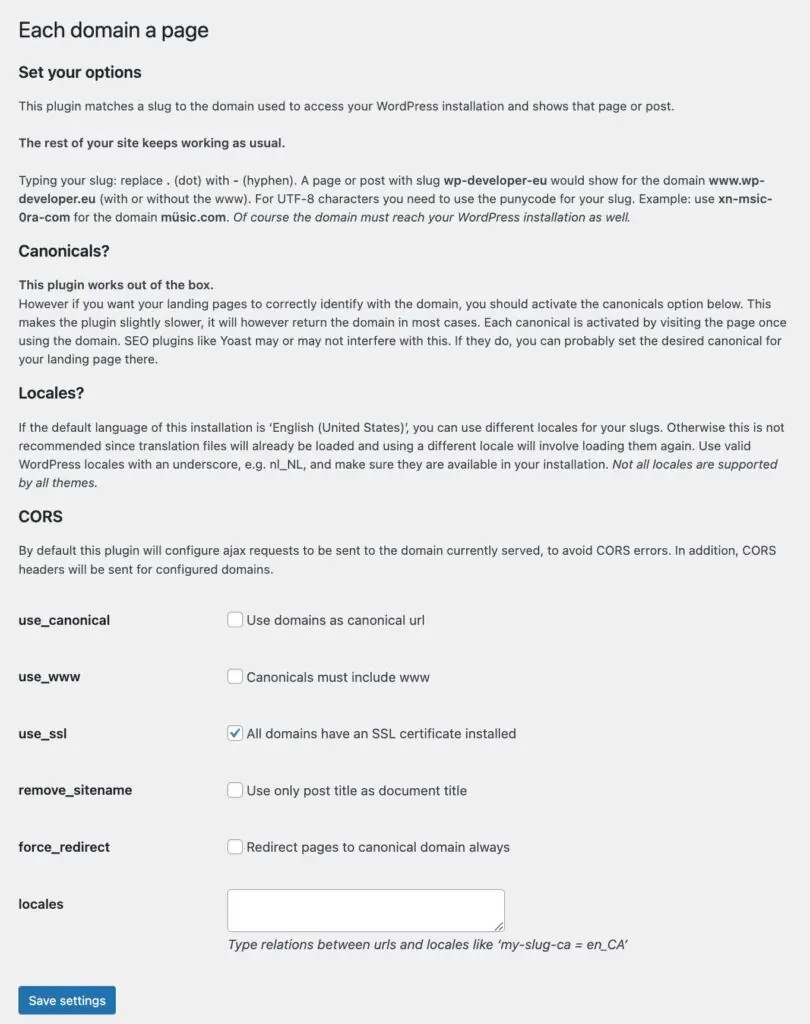 each domain a page settings
