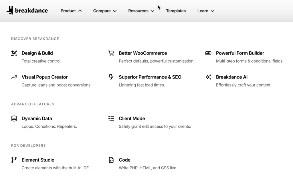 Breakdance website with a list of the main features.