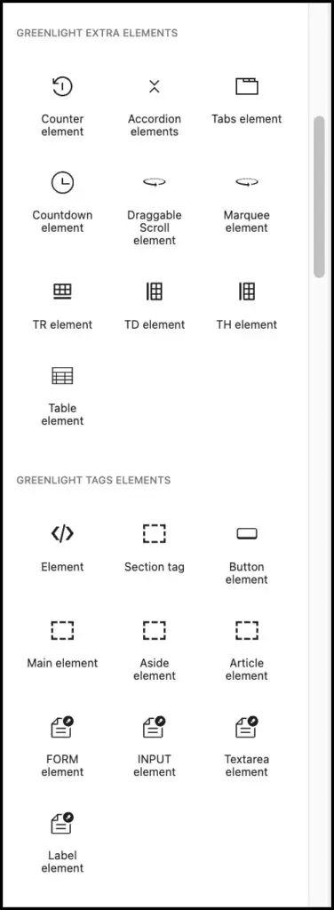greenshift list of element blocks extras
