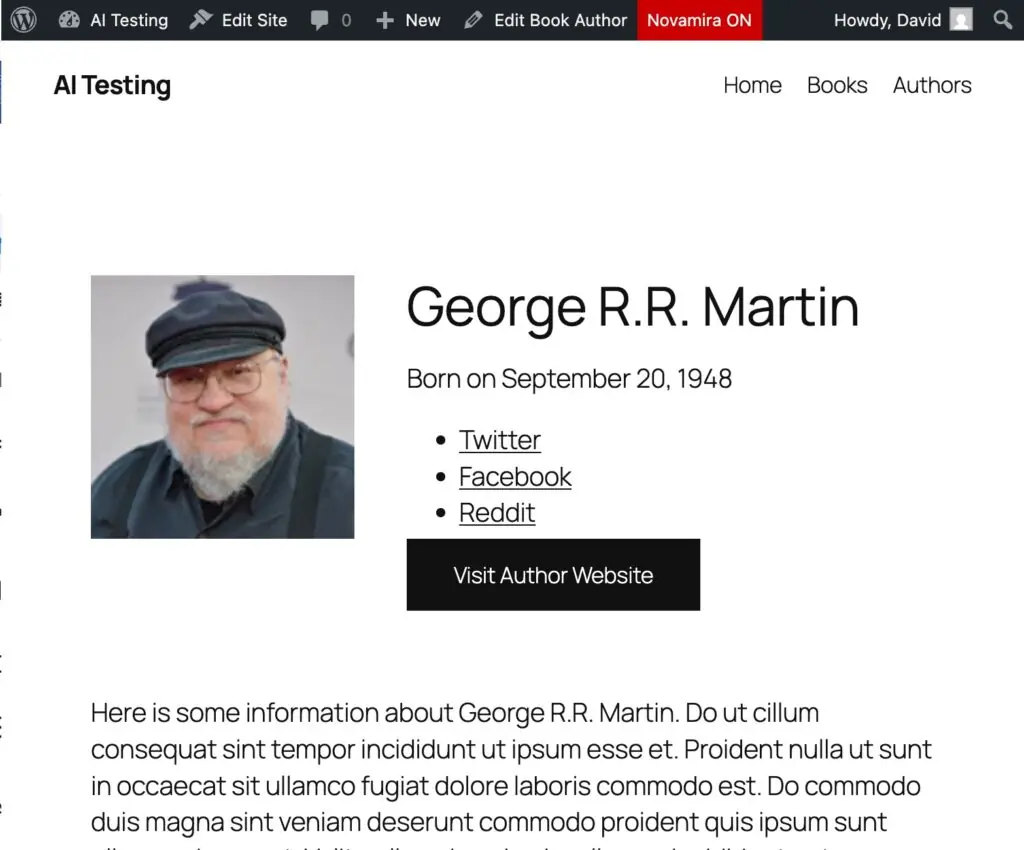 Novamira result showing ACF custom fields